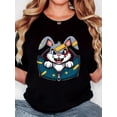 thumbnail image 1 of Women's Retro Minimalist T-Shirt - Zipper Pocket Rabbit Print, Black Casual Short Sleeve Tee with Cartoon Bunny Design, Round Neck Comfort Fit for Casual Attire, 1 of 6
