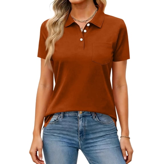 Nestiefly Women's Polo Shirts Short Sleeve Button Down Collared Shirts Business Casual Tops Athletic Tennis Golf Blouses Vermilion M