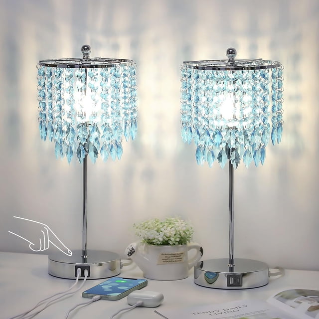 Lámpara de Mesa Boncoo de Cristal con Control Táctil y Doble Puerto USB Color Verde Azulado