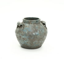 LuxenHome Antiqued Blue & Brown Terracotta Vase with Handles, 9" Round Farmhouse Vintage Pottery