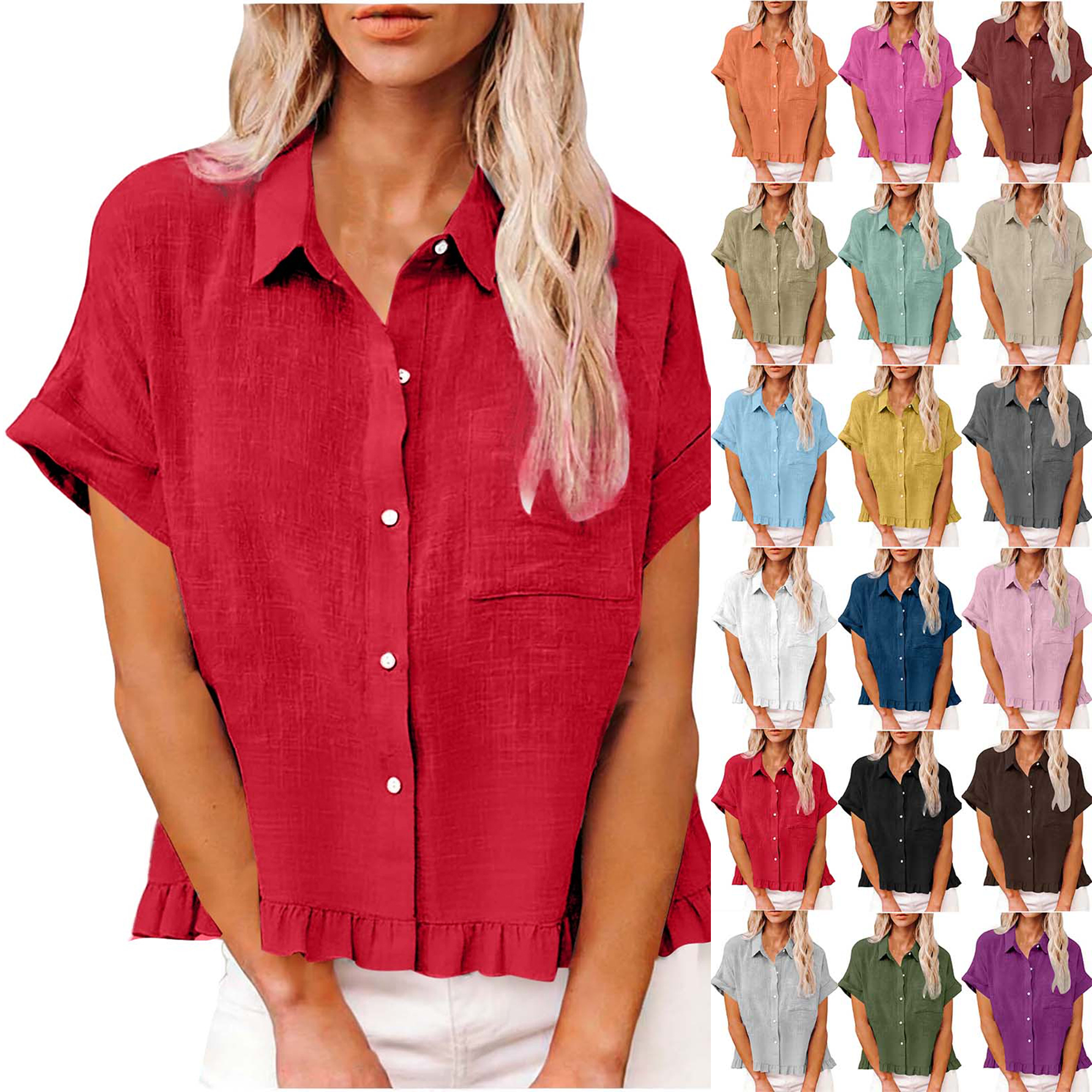 Women's Clothing Summer Tops Fashion Spring Clothing Fabric Solid Color Front Pocket Hem Fringe Short Sleeve Flared Collar Top