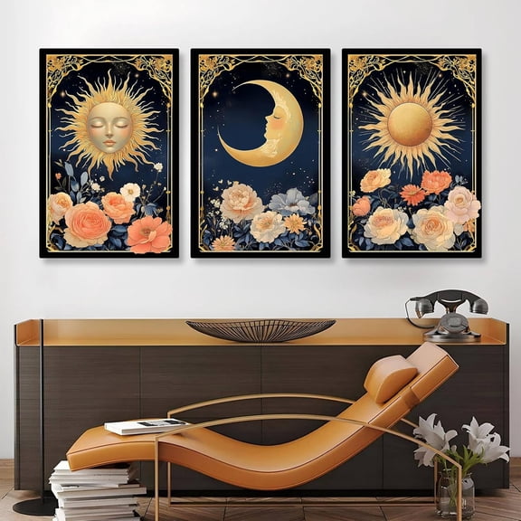 Singg Celestial Sun and Moon Canvas Wall Art Set, Boho Cosmic Starry Night Canvas Print, Sun Face Wall Art, Vintage Floral Pictures, Mystical Astrology Decor for Living Room