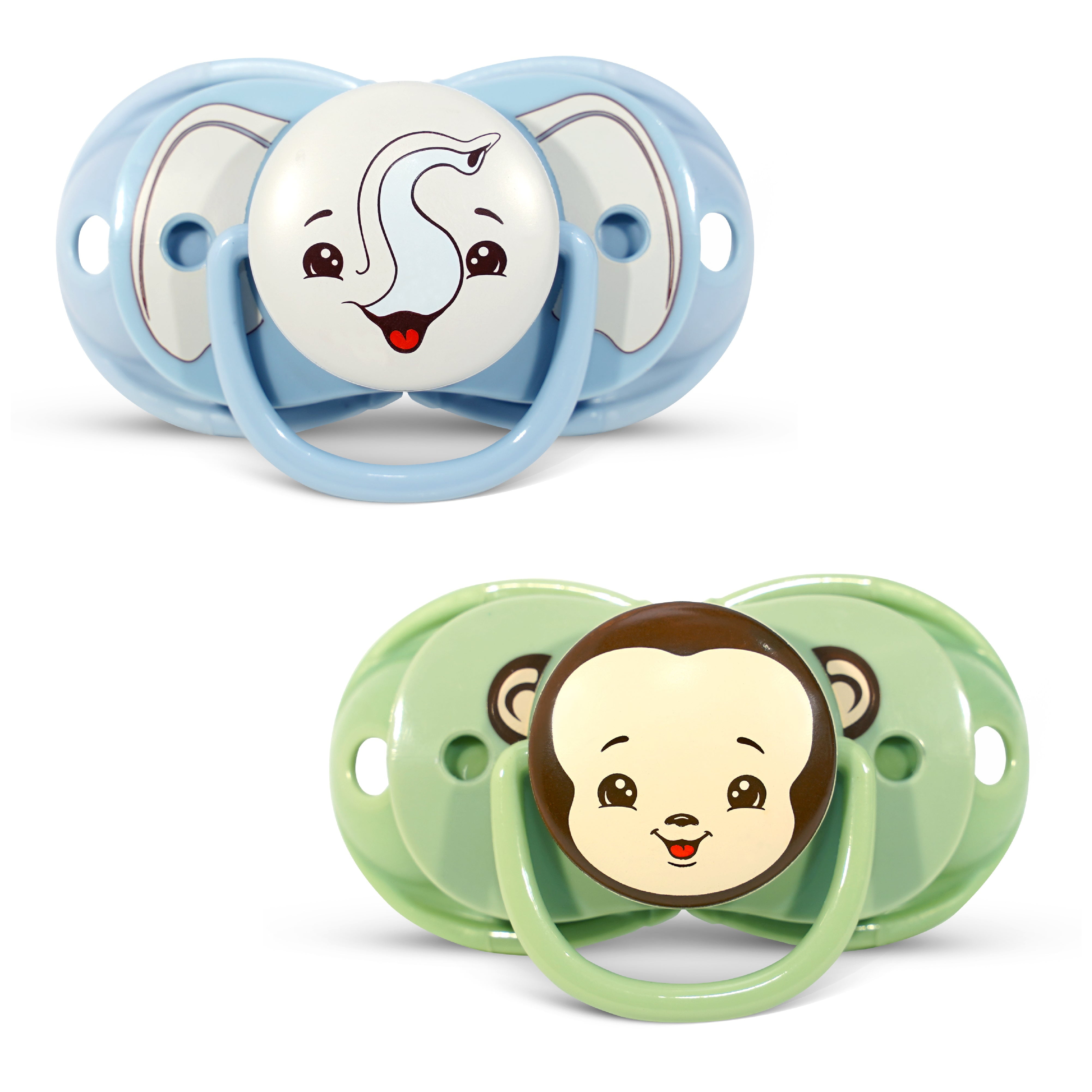 RaZbaby Keep-it-kleen Baby Pacifier (2PK) | 0-36m | Closes When Dropped, Nipple Stays Clean | Silicone Orthodontic Nipple (Monkey/Elephant)