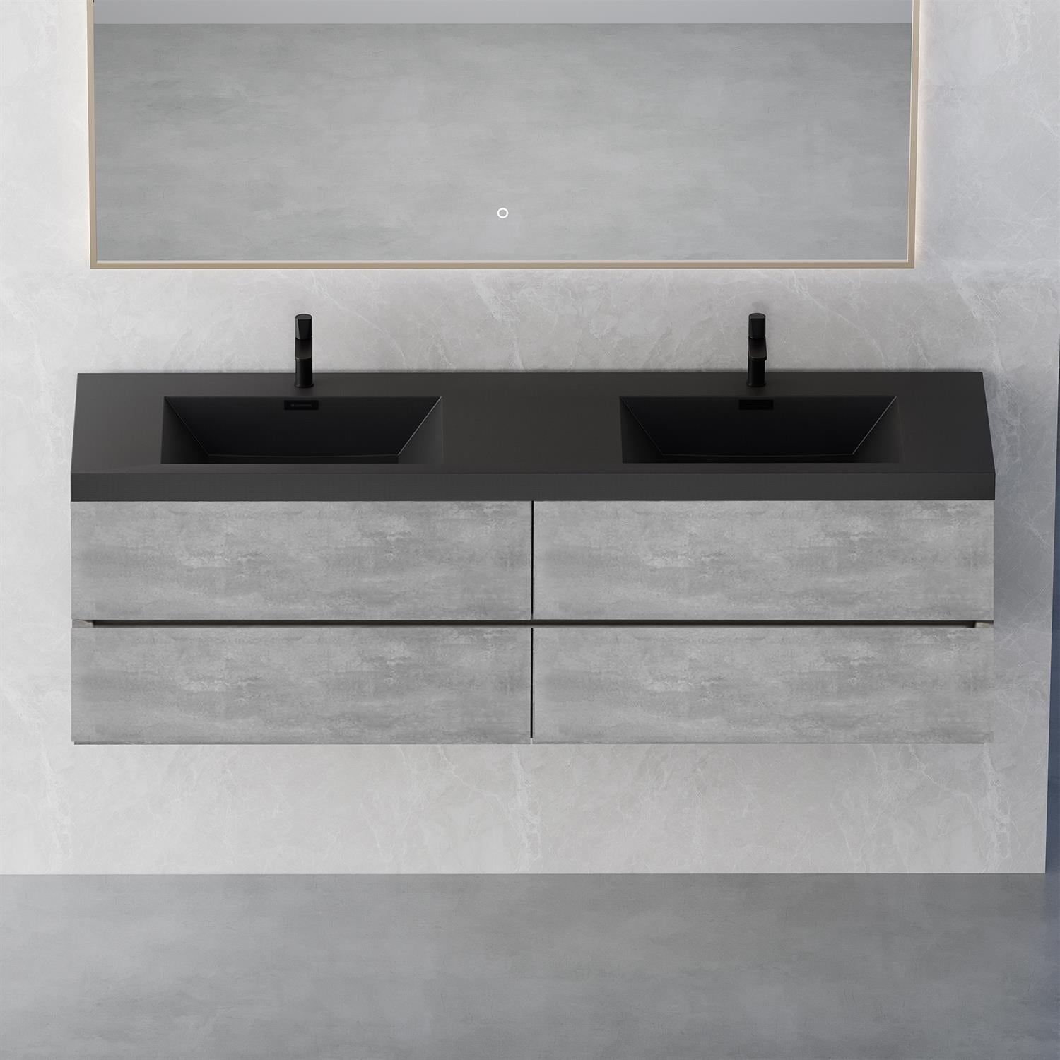 Demi Bonn 70" Floating Bathroom Vanity with Sink, Double Black Quartz Sand Top Basin and 4 Soft Close Drawers, Faucets and Drains Not Included, Gray