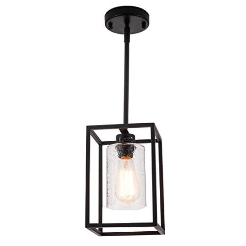 Vintage Glass Pendant Light Single Metal Wire Cage Hanging Lighting Black With Clear Seeded Shade Classic For Farmhouse Entryway Dining Room Kitchen Island Foyer Com Vintage Glass Pendant Light Single, Single Glass Pendant Lights For Kitchen Island