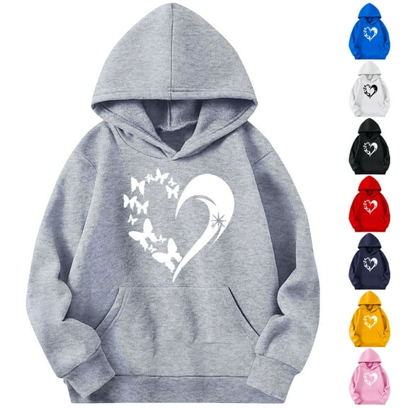 LOVZFMLL Hoodies for Girls Casual Loose Heart Print Hooded Sweatshirt Solid Color Long Sleeve Pullover Tops with Pocket Little Girls Spring Fall Clothes 4-5 Years