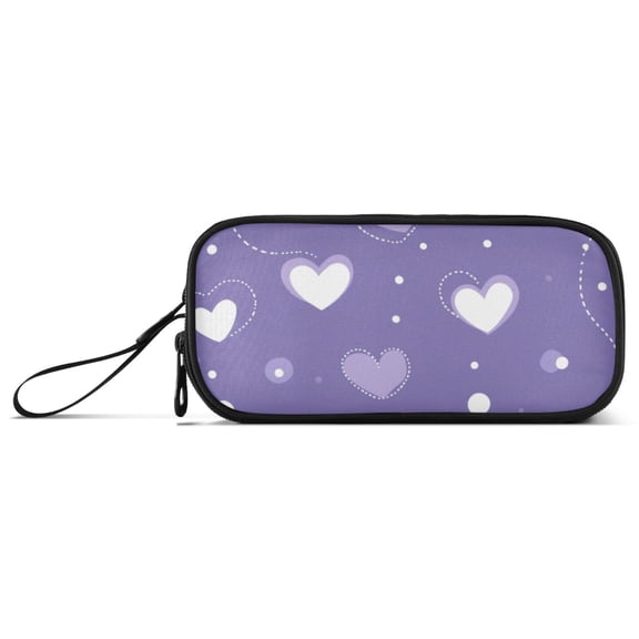 Purple Doodle Hearts and Dots Pencil Case Stationary Holder Pen Bag Pencil Pouch Tool Organizer 3 Compartments