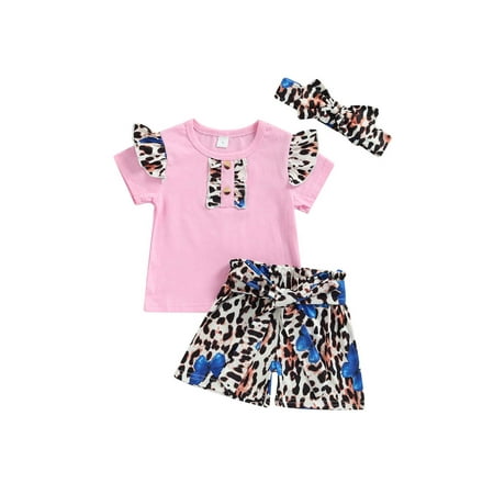 

Sunisery Infant Baby Girls 3Pcs Clothes Outfits Leopard Butterfly Print Short Sleeve T-Shirt +Tie Up Shorts+Headband Pink 12-18 Months
