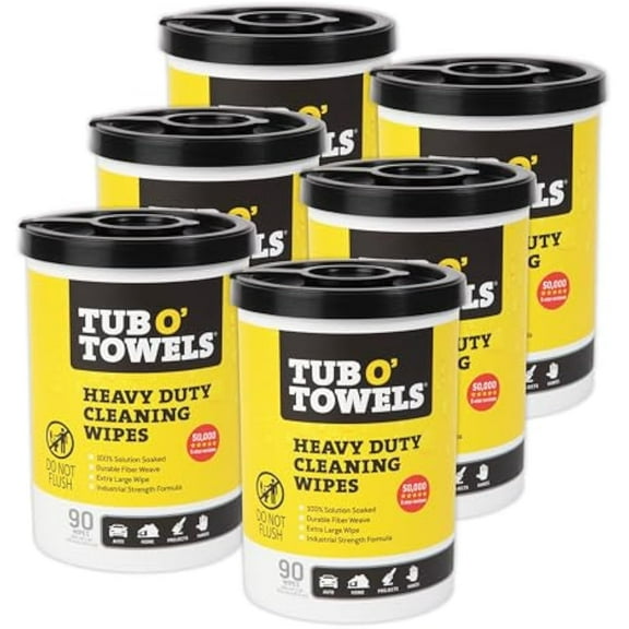 Tub O' Towels TW90 Heavy-Duty 10" x 12" Size Multi-Surface Cleaning Wipes, 90 Count Per Canister, 6 Pack