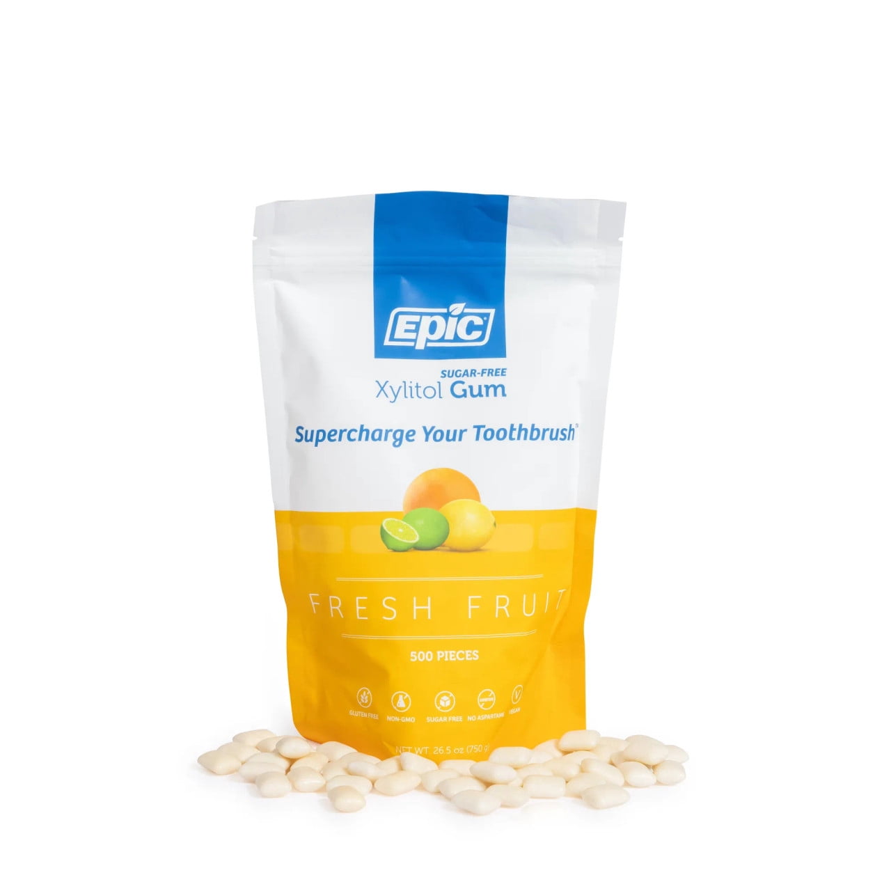 Epic Xylitol Chewing Gum - Sugar Free & Aspartame Free Chewing Gum Sweetened w/Xylitol for Dry Mouth & Gum Health (Fresh Fruit, 500-Piece Bag, 1 Bag)