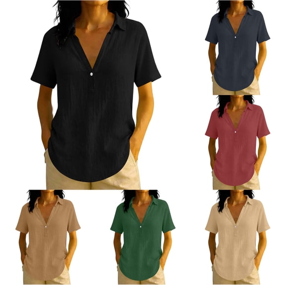 RMGVDSD Womens Blouses Summer Plain Solid Color Collar V Neck Henley Shirts Short Sleeve Loose Fit Casual Blouse Tops for Woman