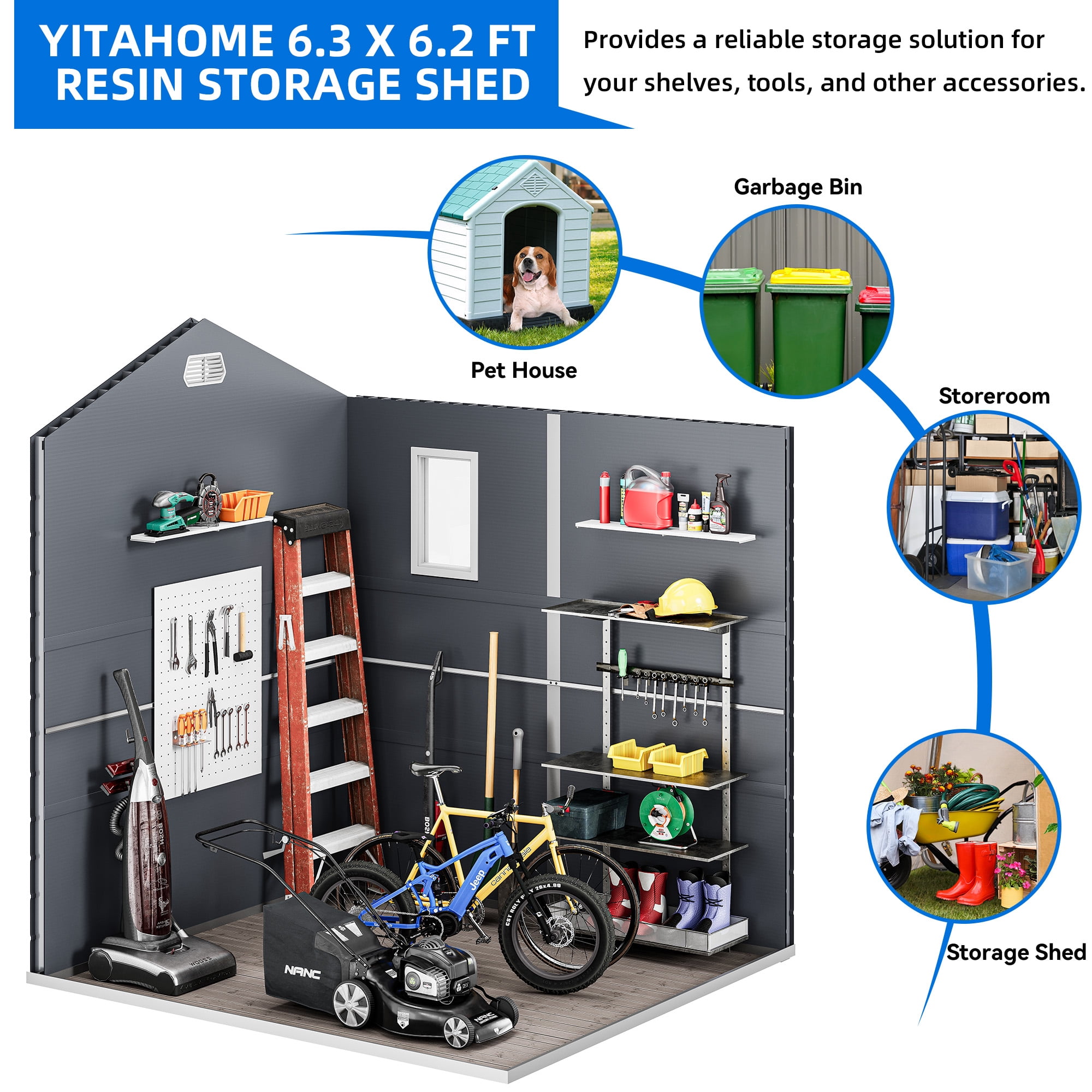 Dextrus 6.3x6.2ft Outdoor Resin Storage Shed with Windows,Vents,and Secure Doors,All-Weather Plastic Storage Unit for Poolside,Lawn,Backyard,and Patio