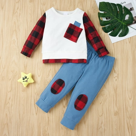 

Newborn Long-sleeve Plaid Print Pocket Sweatshirt Sweatpants Set Outfits