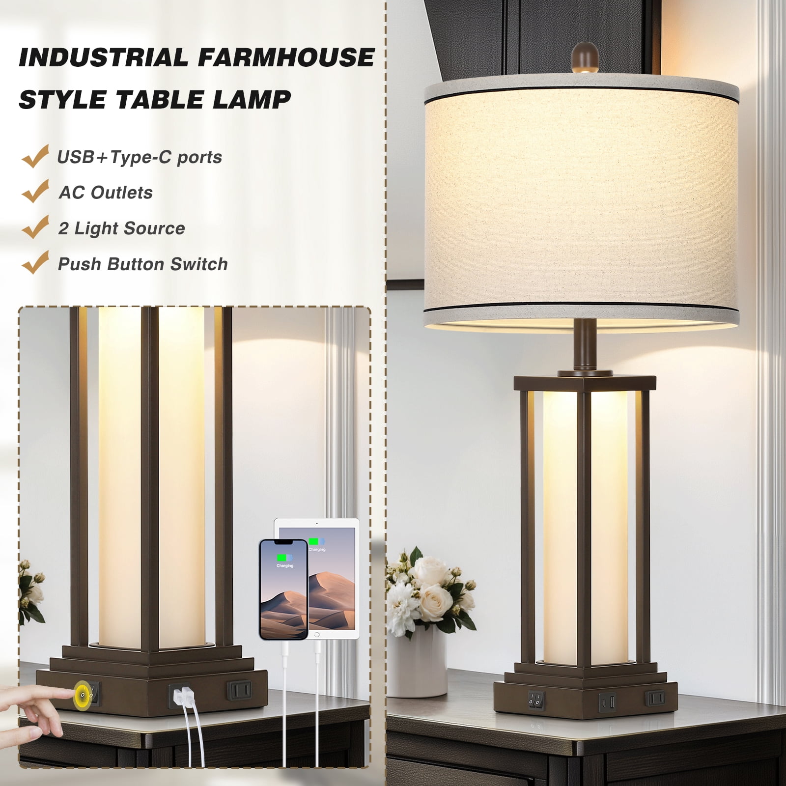 Lolikit Rustic Table Lamp Set of 2 Beside Lamps Nightstand Lamp for Living Room Bedroom Office