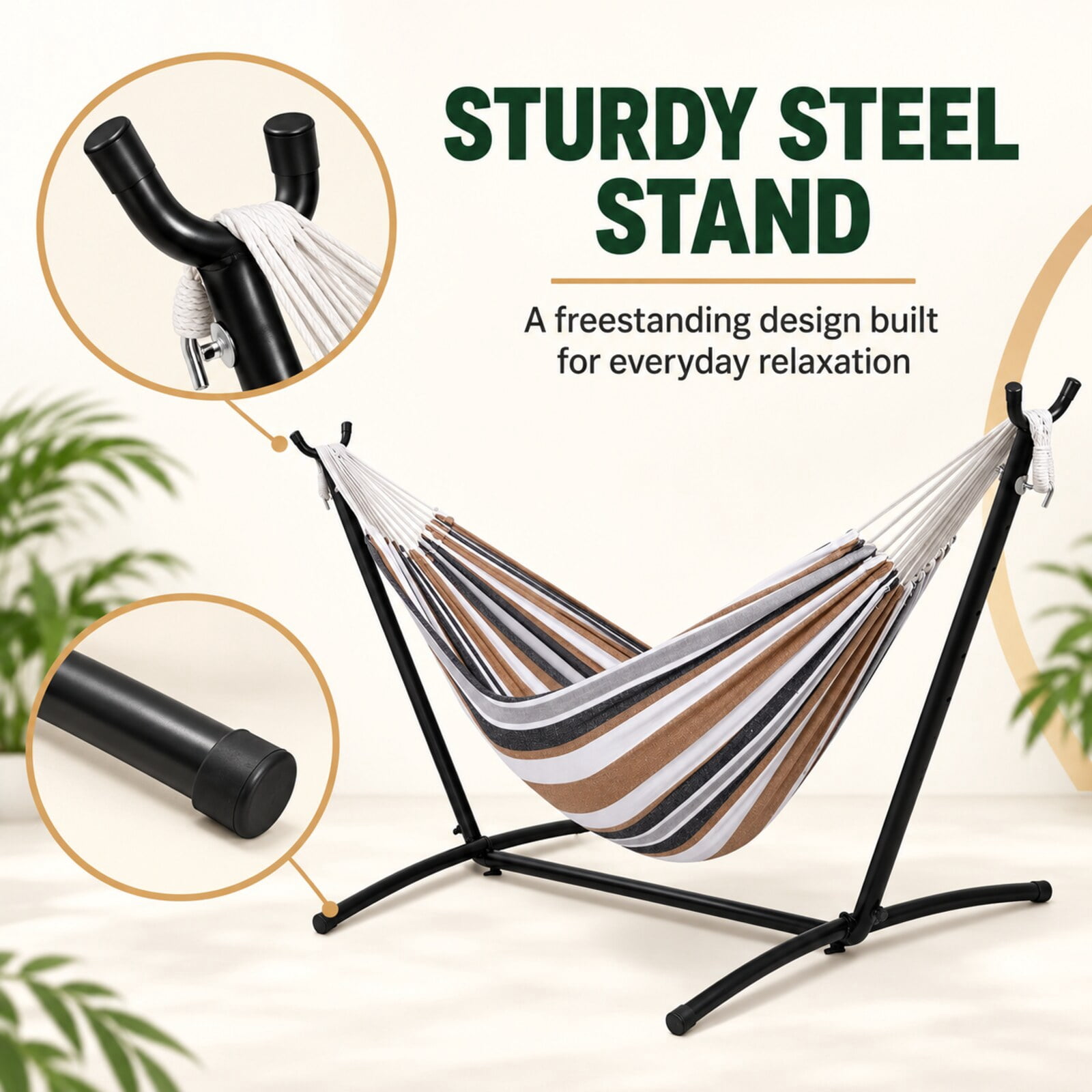Inolait Portable Double Hammock with Stand, 2-Person Outdoor Hammock with Carrying Bag Stripe Pattern