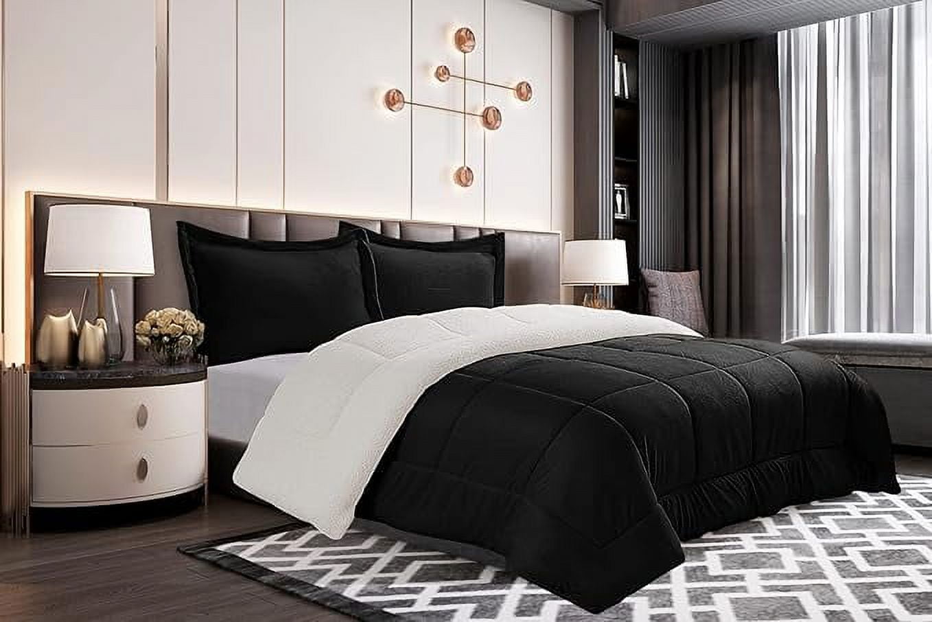 Elegant Comfort Ultra Plush 3-Piece Sherpa Comforter Set, Solid-Color and a Fluffy Sherpa Reverse, All Season Suitable, Heavy Weight, Micro-Suede, Sherpa Comforter, Full, Black