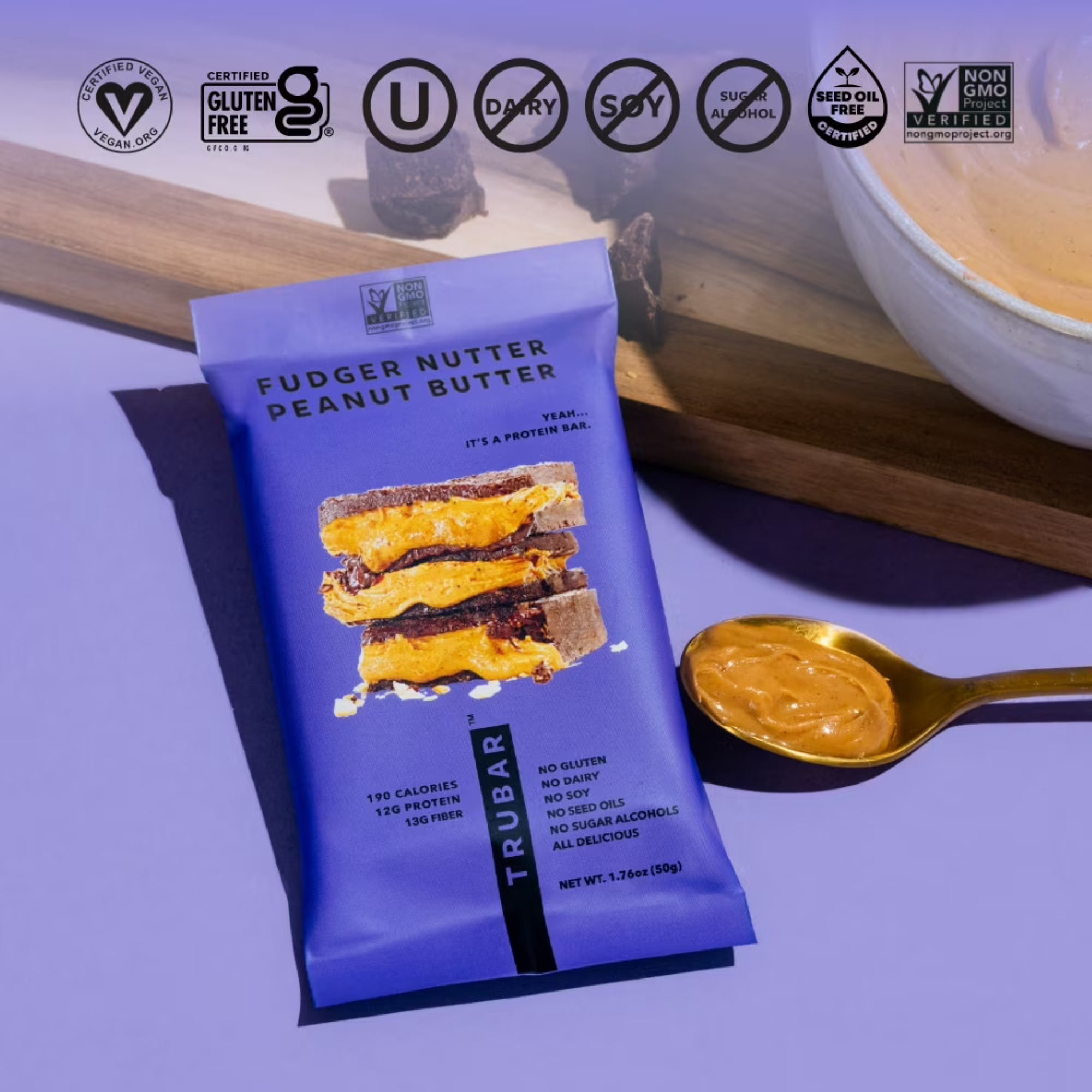 TRUBAR Protein Bar,  Fudger Nutter Peanut Butter, Plant Based Protein, Vegan, Gluten Free, Kosher, 5 Count