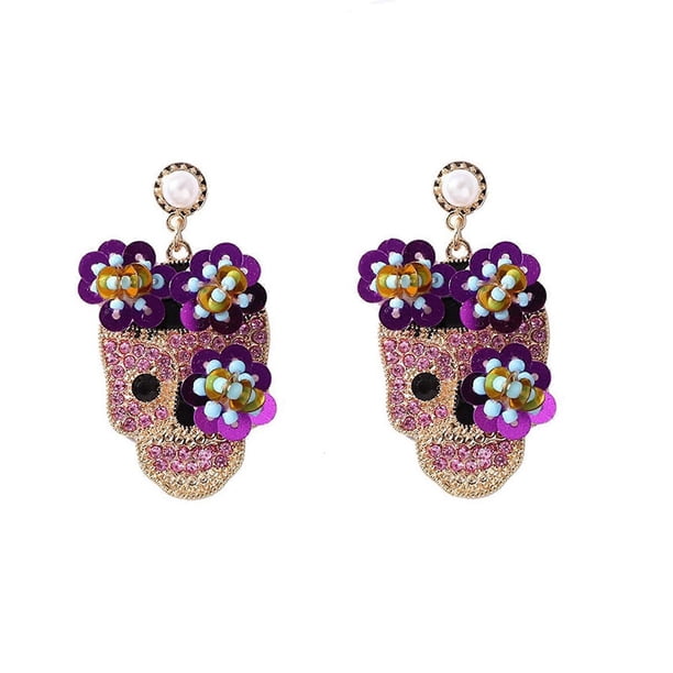 Halloween Skull Earrings with Zirconia and Glitter Flower Accent Fashion Trendy Studs Adornment for Costume Parties