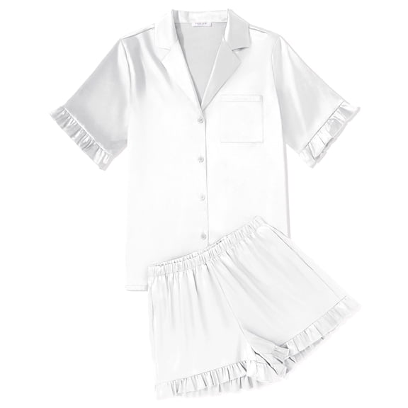 Ekouaer Womens Satin Pajamas Set Button Down Silk 2 Piece Pj Sets Ruffled Short Sleeve Sleepwear