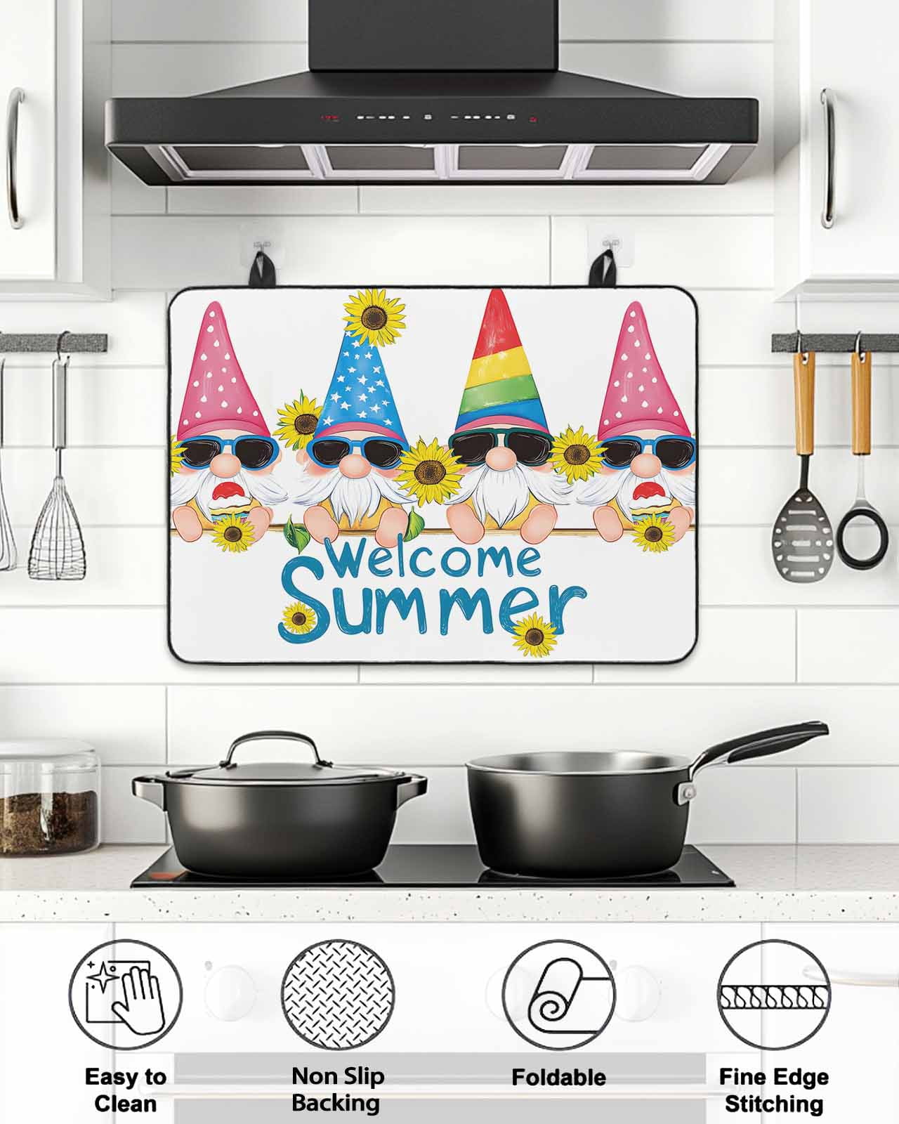 Stove Top Covers for Electric Stove 36x21 Inches, Sunflower Gnomes Heat Insulation Fireproof Glass Cooktop Protector, Summer Farmhouse Botanical Yellow Pink Countertop Stovetop Cover for Kitchen