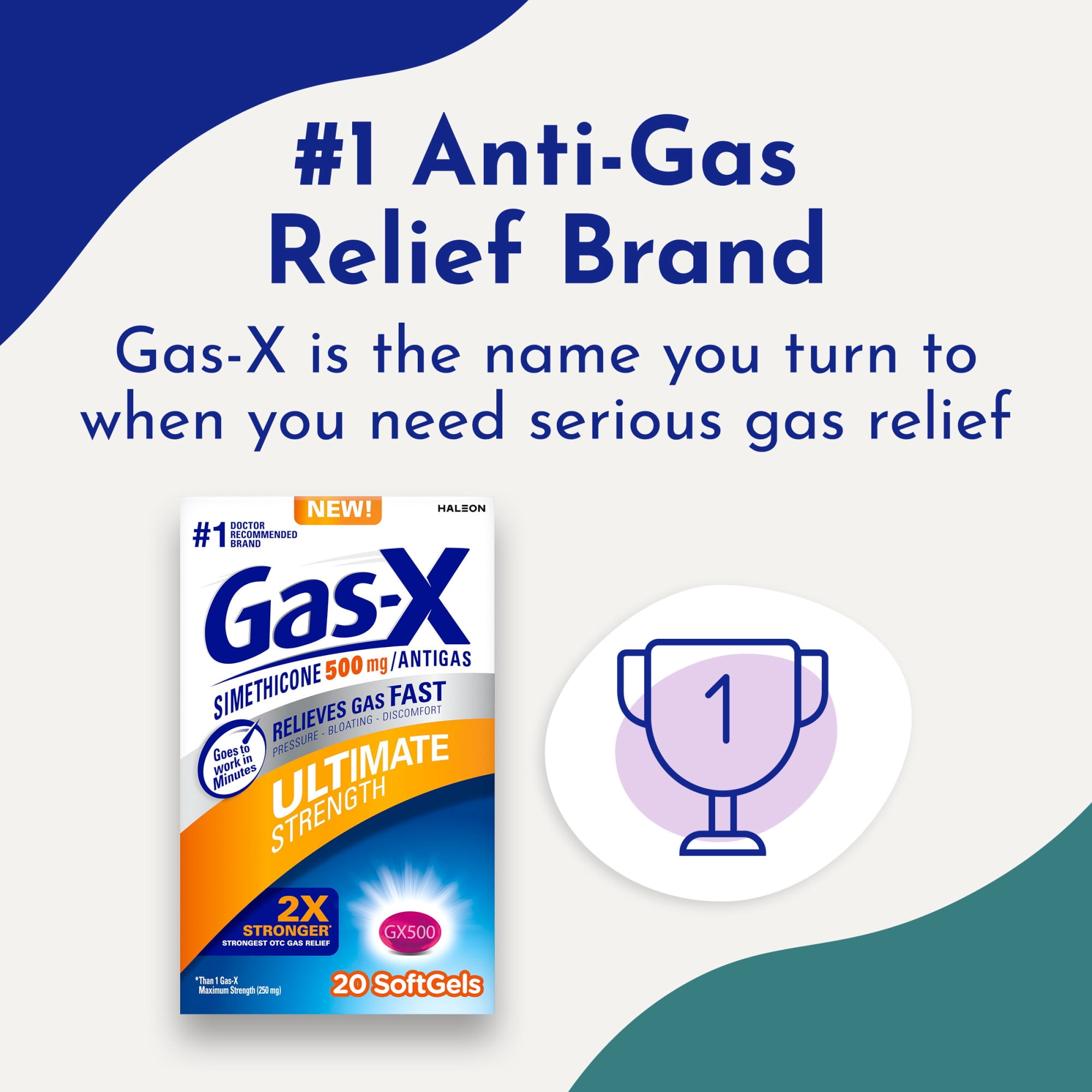 Gas-X Ultimate Strength Gas Relief Softgels With Simethicone 500 Mg, Fast Bloating Relief, Anti-Gas, Otc Stomach & Intestinal Gas, Easy to Swallow, 20 Count