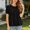 Black, variant on Womens Short Sleeve Blouse, Crew Neck Puff Sleeve with Pleated Detail Black M