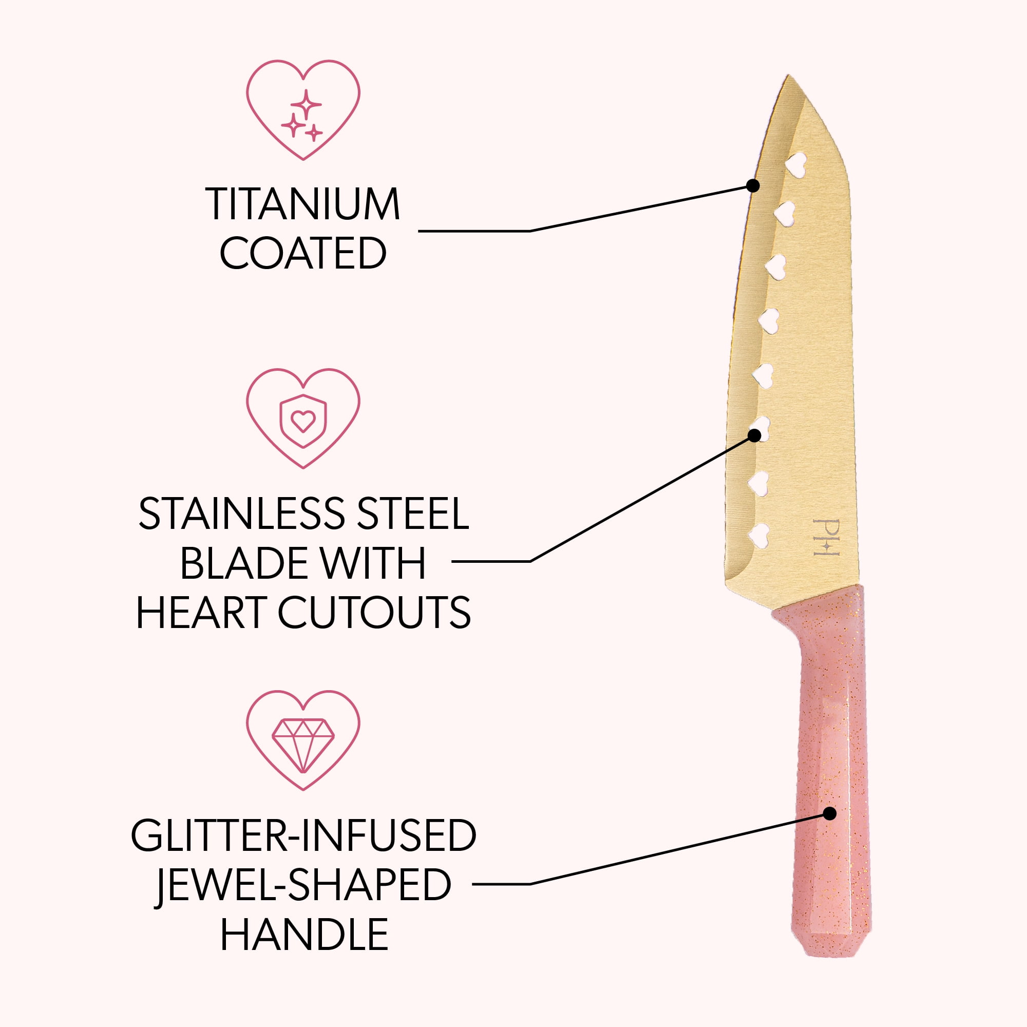 Paris Hilton 2-Piece Santoku Knife Set, Titanium-Coated Stainless Steel Blades with Heart Cut-Outs, Pink Jewel-Faceted Handles
