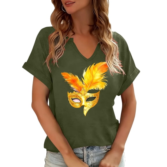 YueHuiYing Mardi Gras Shirts for Women Outfits Mardi Gras Outfit for Women Mask Graphic Printed Short Sleeve Carnival Shirt
