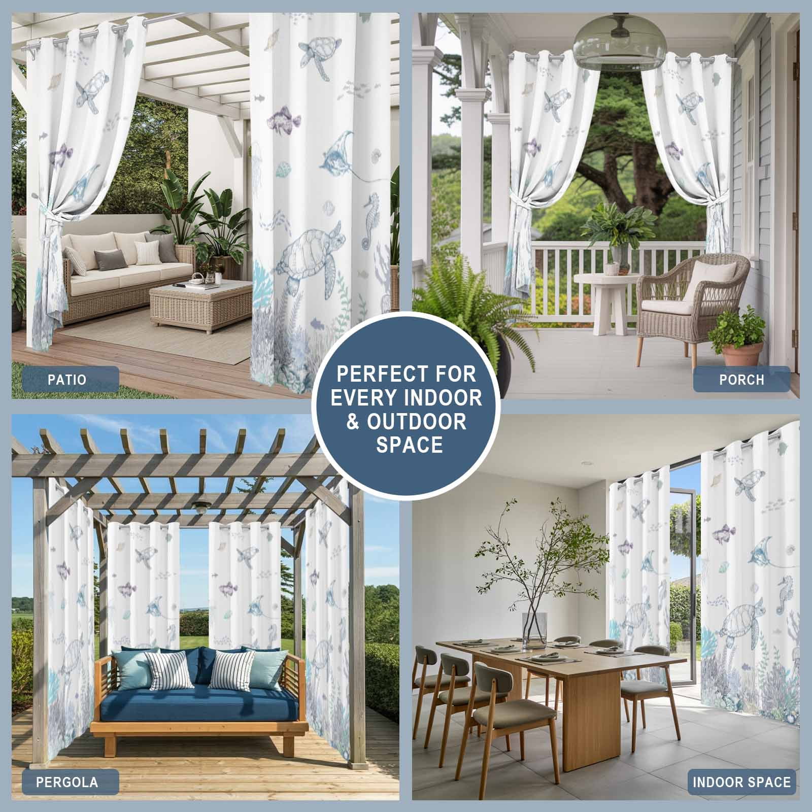Ocean Coastal Outdoor Curtains for Patio, Sea Turtle Coral Starfish Seaweed Hand Drawn Sunshade Privacy Drapes Grommet Waterproof Outside Curtains for Porch/Cabana/Balcony 54"x 108", 1 Panel