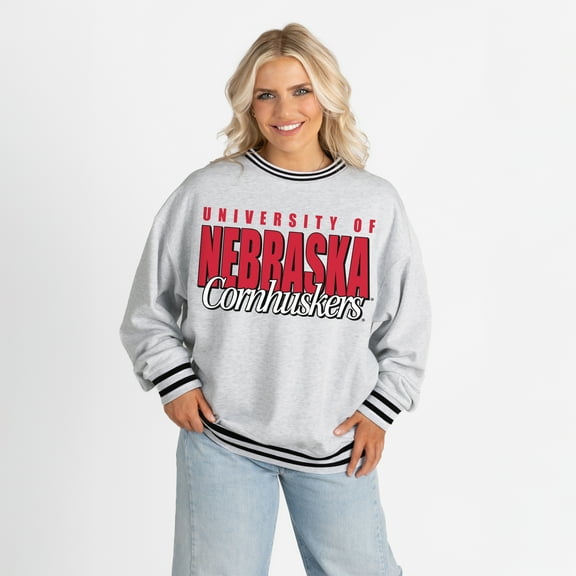 Women's Gameday Couture Gray Nebraska Huskers Oversized Showdown Ringer Stripe Sweatshirt