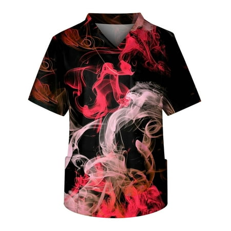 

HHei_K Body Scrubs Men s Printing Short Sleeve V-neck Working Blouse Chest Pocket Carer Top