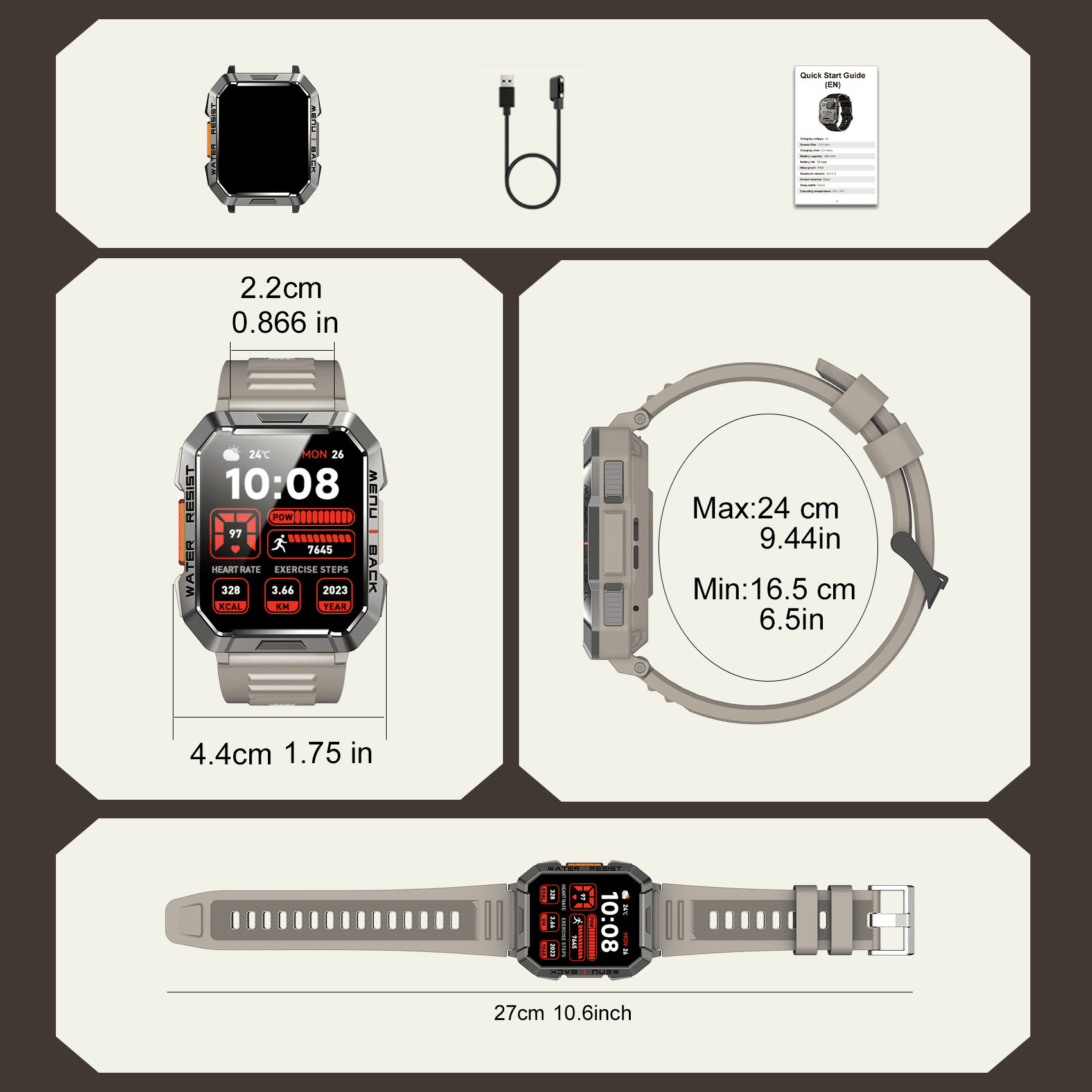 Blackview 2.01-inch Military Smartwatch for Men,Rugged Fitness Smart Watch fits for Android iPhone,Bluetooth(Answer/Make Calls)/Waterproof,Khaki