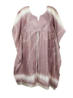 Mogul Women Light Purple Mid Calf Kaftan Dress Beach Coverup Printed Resortwear Loose Holiday Recycle Sari Caftan Dresses 3X