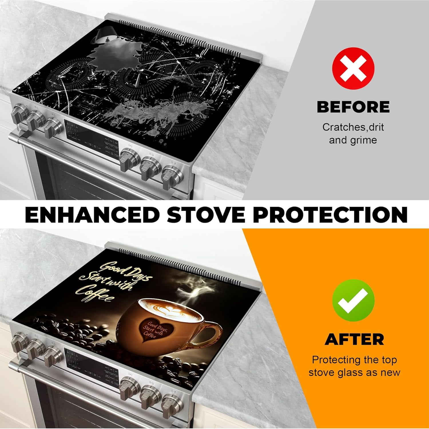 Heat-Resistant Glass Stove Top Cover with Anti-Slip Rubber Coating – Electric Stove Protector, Scratch-Resistant, Counter Space Decor Mat (coffee cup, 28.5"L x 20.5"W)