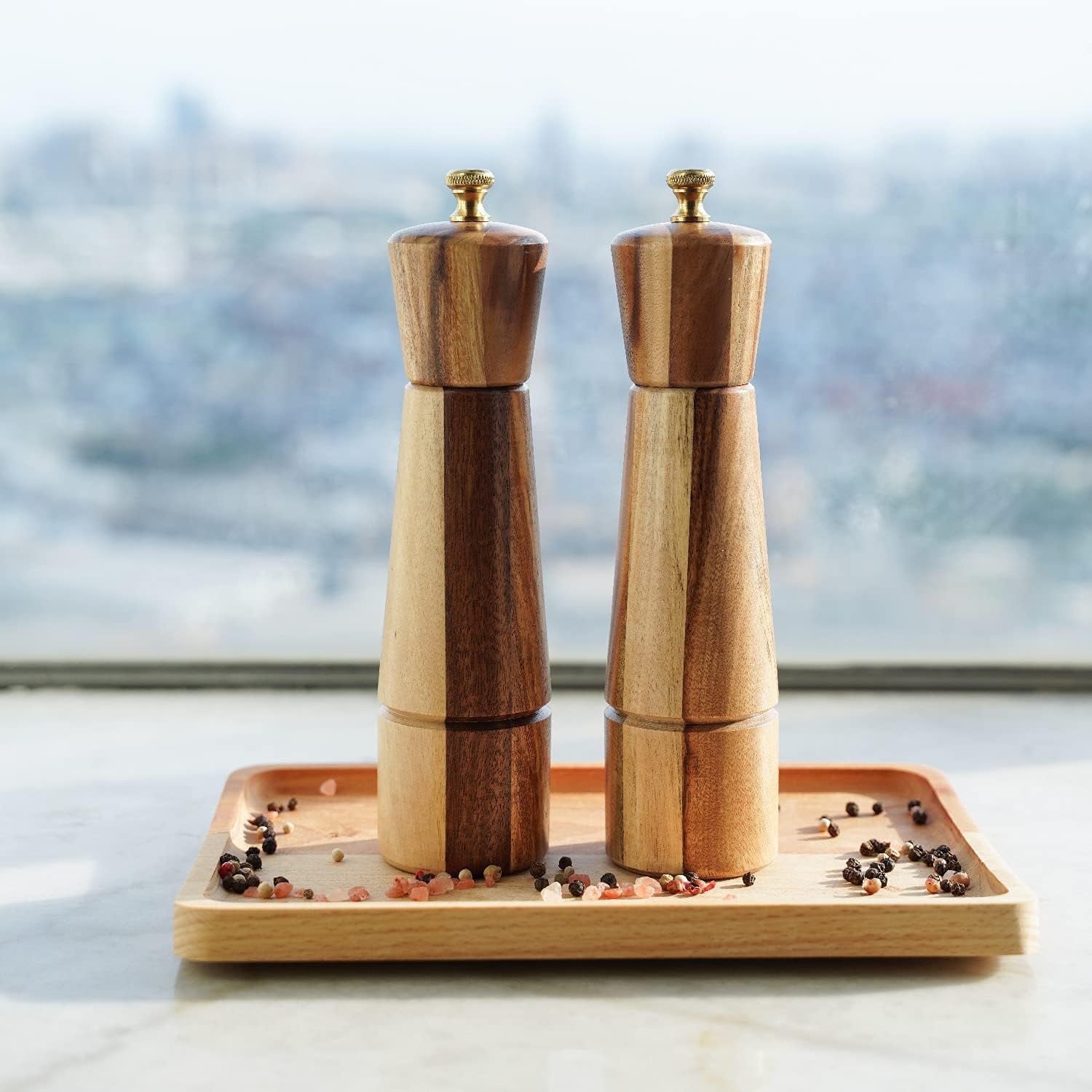 DeroTeno Salt and Pepper Mill Set, Adjustable Ceramic Grinder Salt Mill, Stainless Steel Grinder Pepper Mill, Acacia Wood, 8 inch/22 cm Height, Bottom Dia 5.5 cm (Tray is NOT Included)