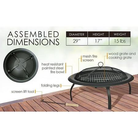 Fire Sense Fire Pit Round Steel with Folding Legs Included Carrying Bag & Screen Lift Tool Black 29"