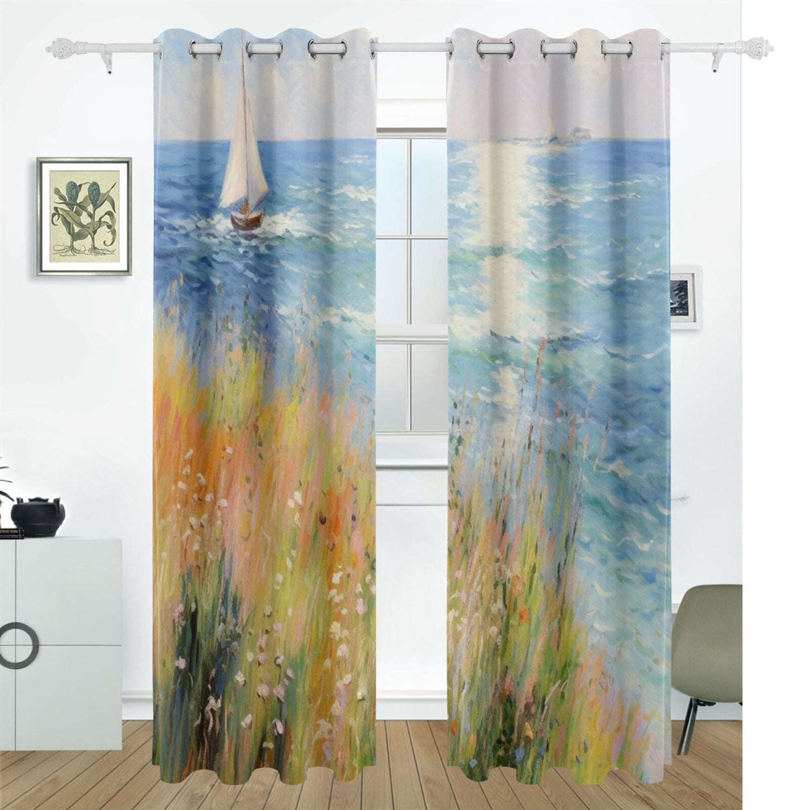Painting Sea Ship Leaves Black Out Curtains 72 Inch Length Curtains for Sliding Glass Doors Bedroom Living Room 2 Pack
