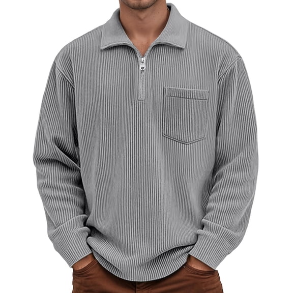 XUANTAOO Men Polo T Shirts Long Sleeve Corduroy Quarter Zipper Tees Shirt Slim Fit Grey Men Clothes