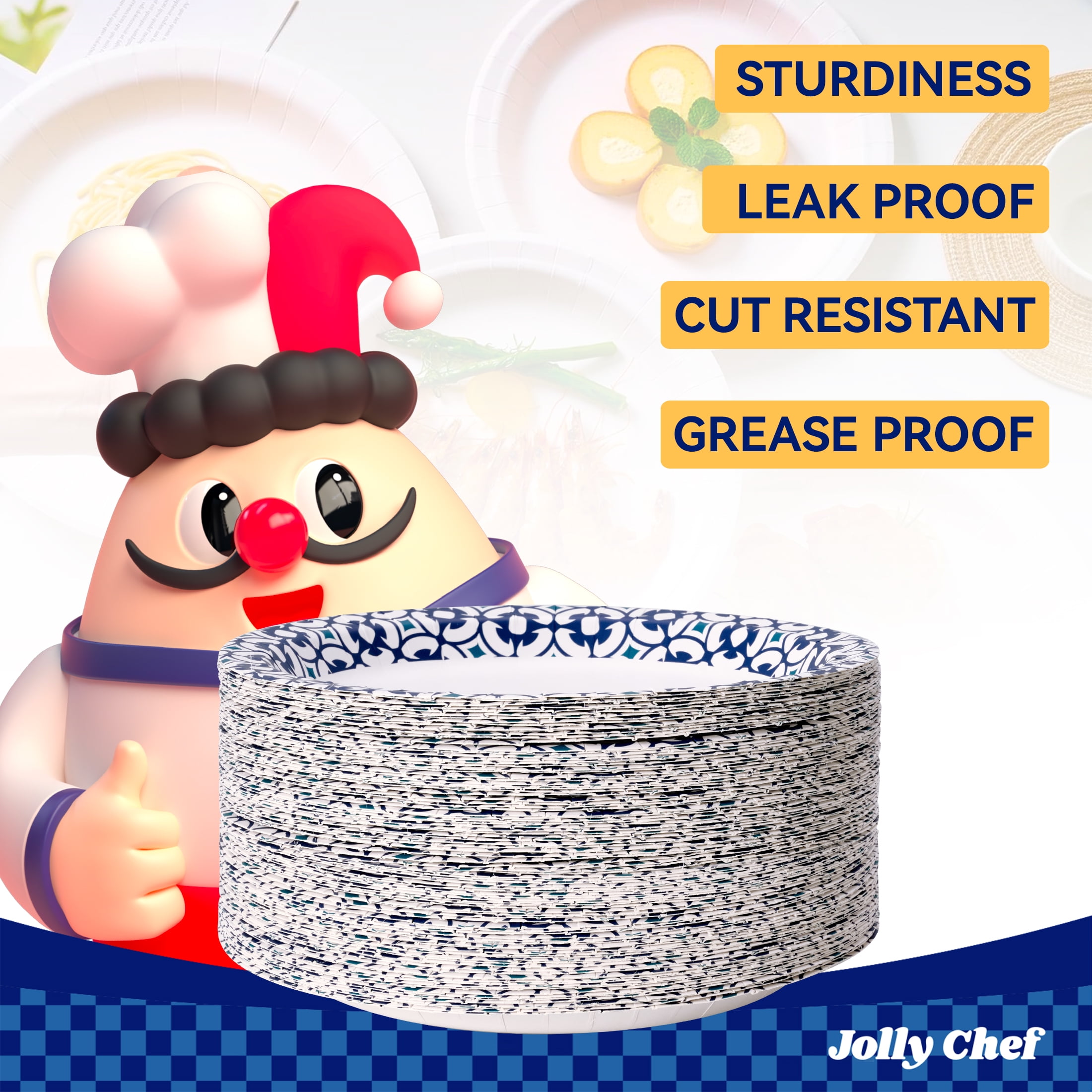 JOLLY CHEF 200-Pack 8.5" Paper Plates: Leak & Cut Resistant for Any Gathering