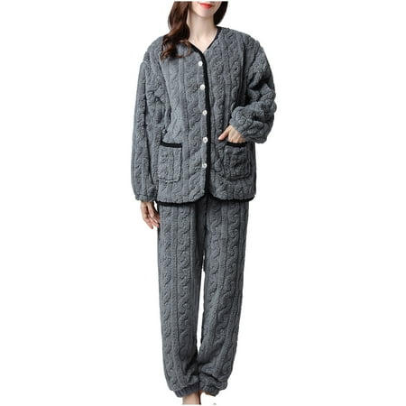 

RQYYD Reduced Women s Fuzzy Pajamas Sets 2 Piece Fleece Button Coat and Pants Loose Pockets Loungewear Sleepwear Homewear(Gray M)