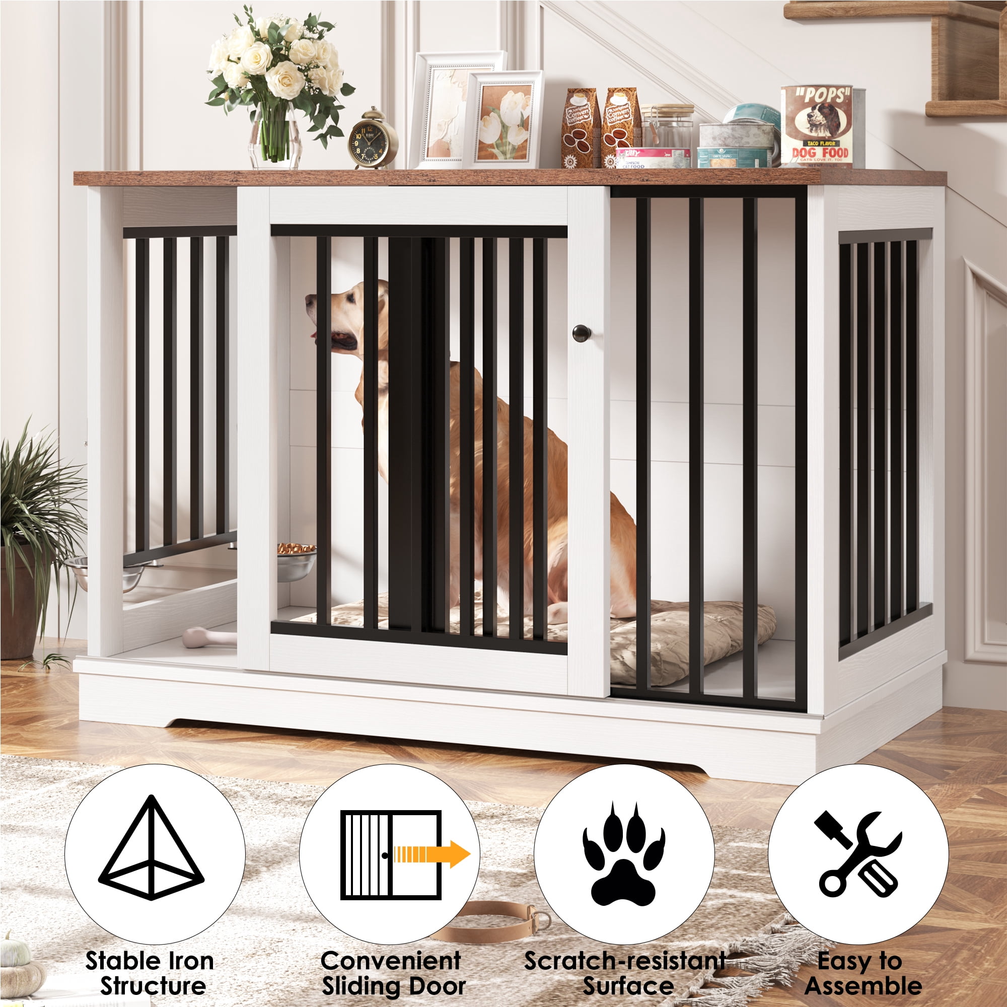 Homfa Dog Crate Furniture, 47.2''W Wooden Indoor Dog Cage Table with Sliding & Lockable Doors, White