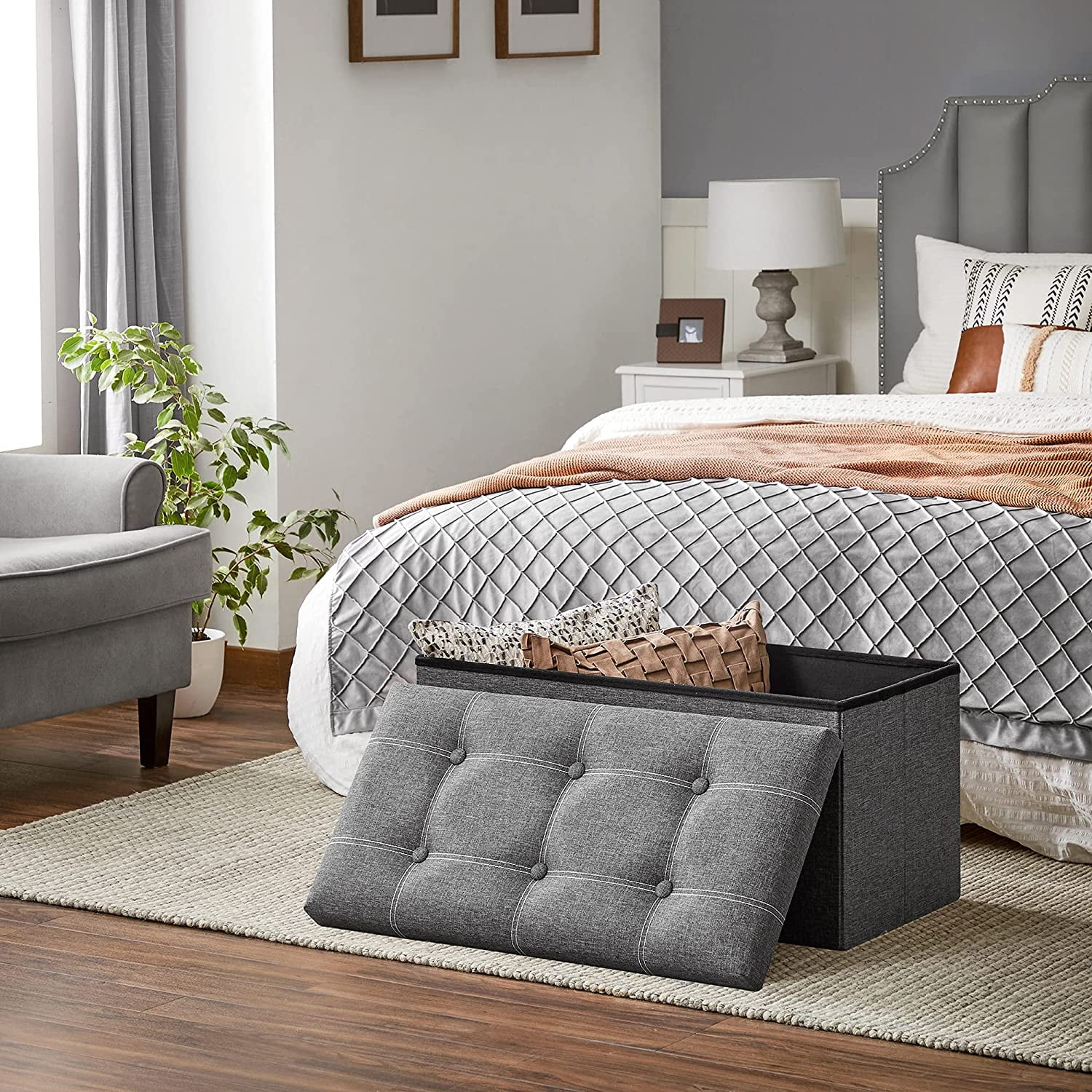 SONGMICS 30" Ottoman Footstool Storage Ottoman Bench Holds 660 lb Folding Ottoman with Storage for Living Room Dark Gray