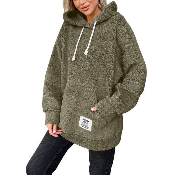 Women's Furry Hooded Coat, ROSTORY CHILD Fashion Casual Long Sleeve Outerwear, Warm Plush Daily Wear Jacket, Army Green, L