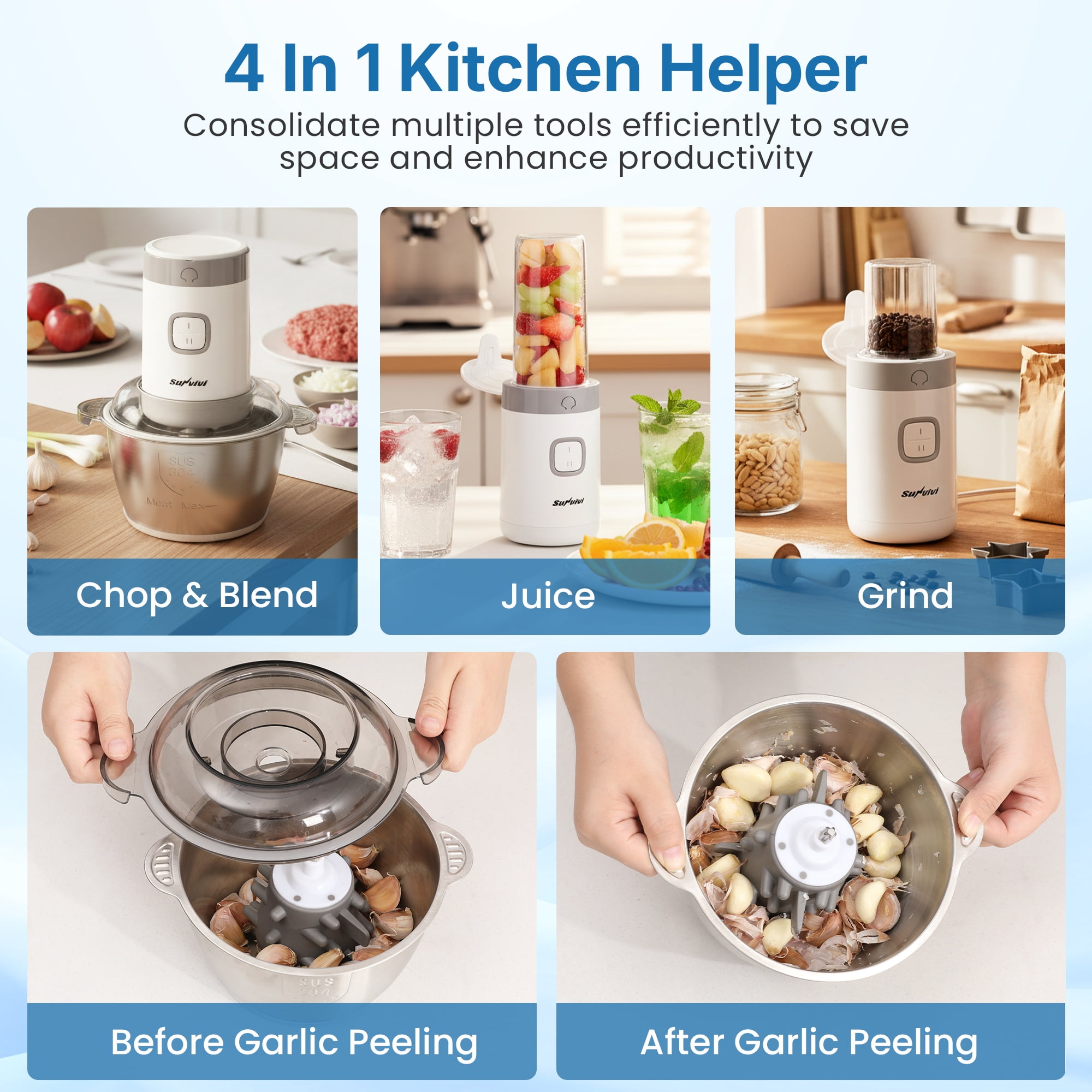 May in Color Portable Electric Food Processor, 350W 4-in-1 Blender with Stainless Steel Bowl, 2 Speed Control, Grinder & Juicer