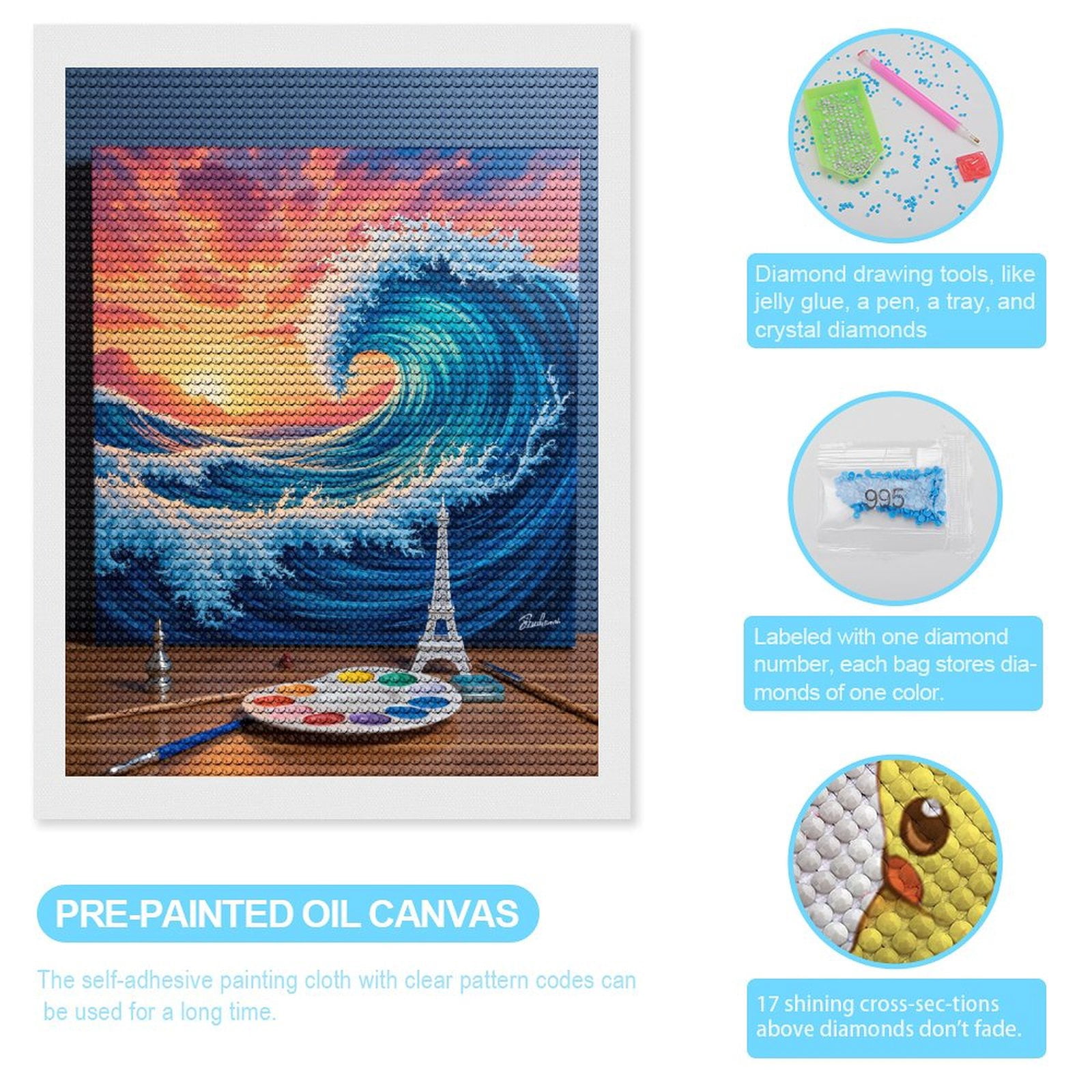 Diamond Art Kits for Adults, Wave Sunset Canvas Art Painting 5D Diamond Painting Kits for Adults Beginners, DIY Full Drill Diamond Painting, Gem Art and Crafts 12x16