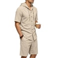 thumbnail image 5 of LEKWK Men Linen Sets Outfits 2 Piece Short Sleeve Button Down Hooded Tops and Elastic Waist Shorts Lightweight Loose Fit Summer Fashion Beach Vacation Wear, 5 of 9