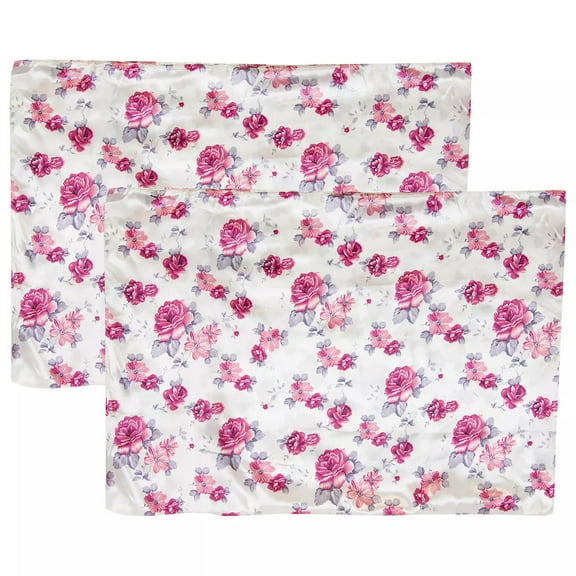 Satin Pillowcase in White with Pink Floral Print Standard Size, Set of 2