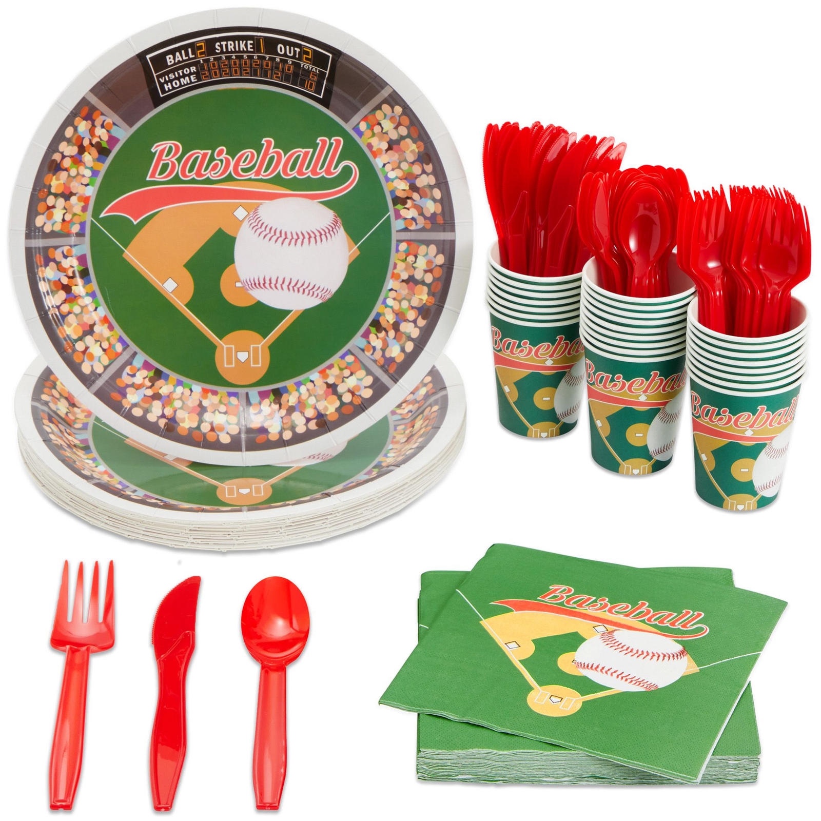 144 Piece Baseball Birthday Party Supplies with Baseball Plates