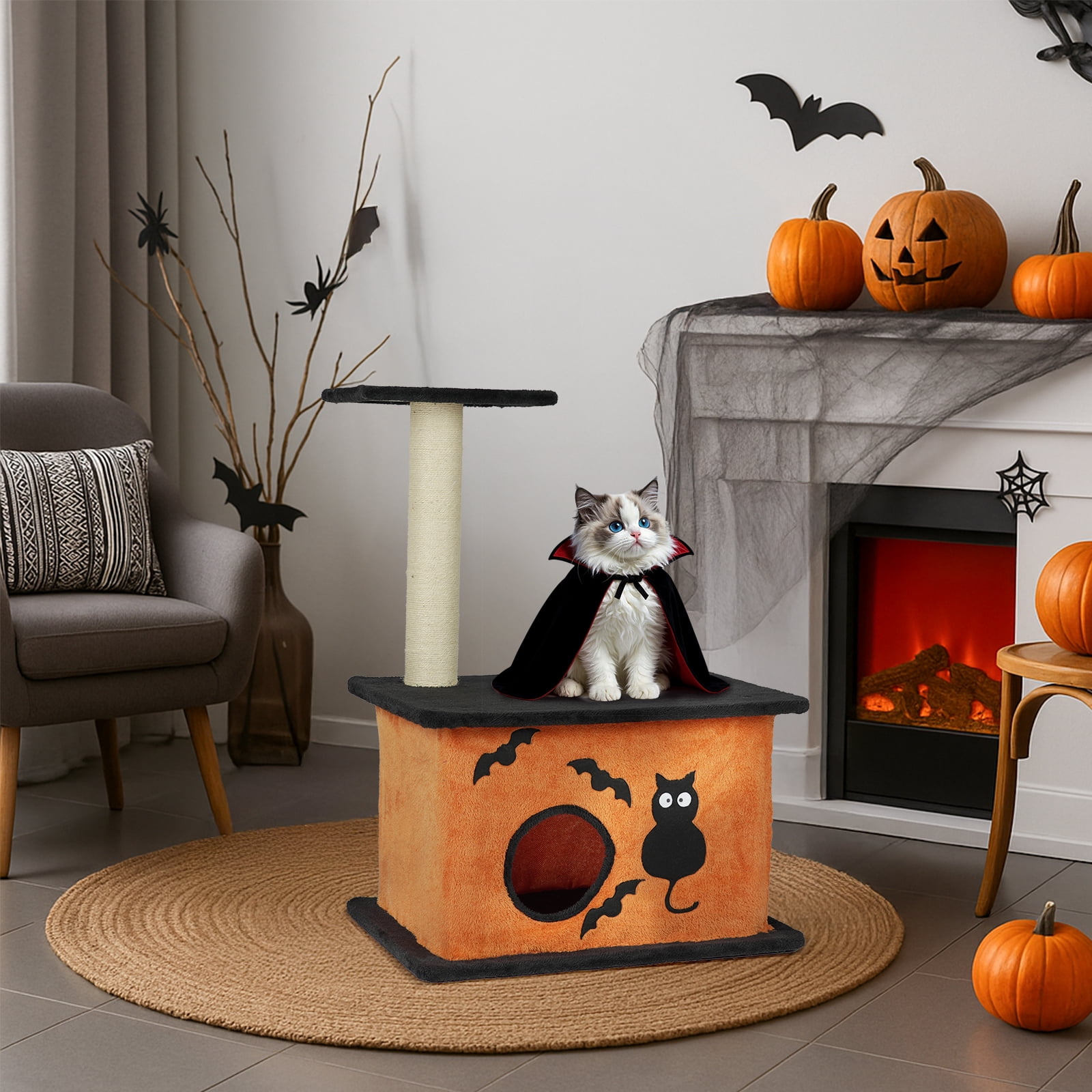 Zimtown Halloween Themed Cat Tree, Two-Level Scary Face Tower for Indoor Cats, Black & Orange