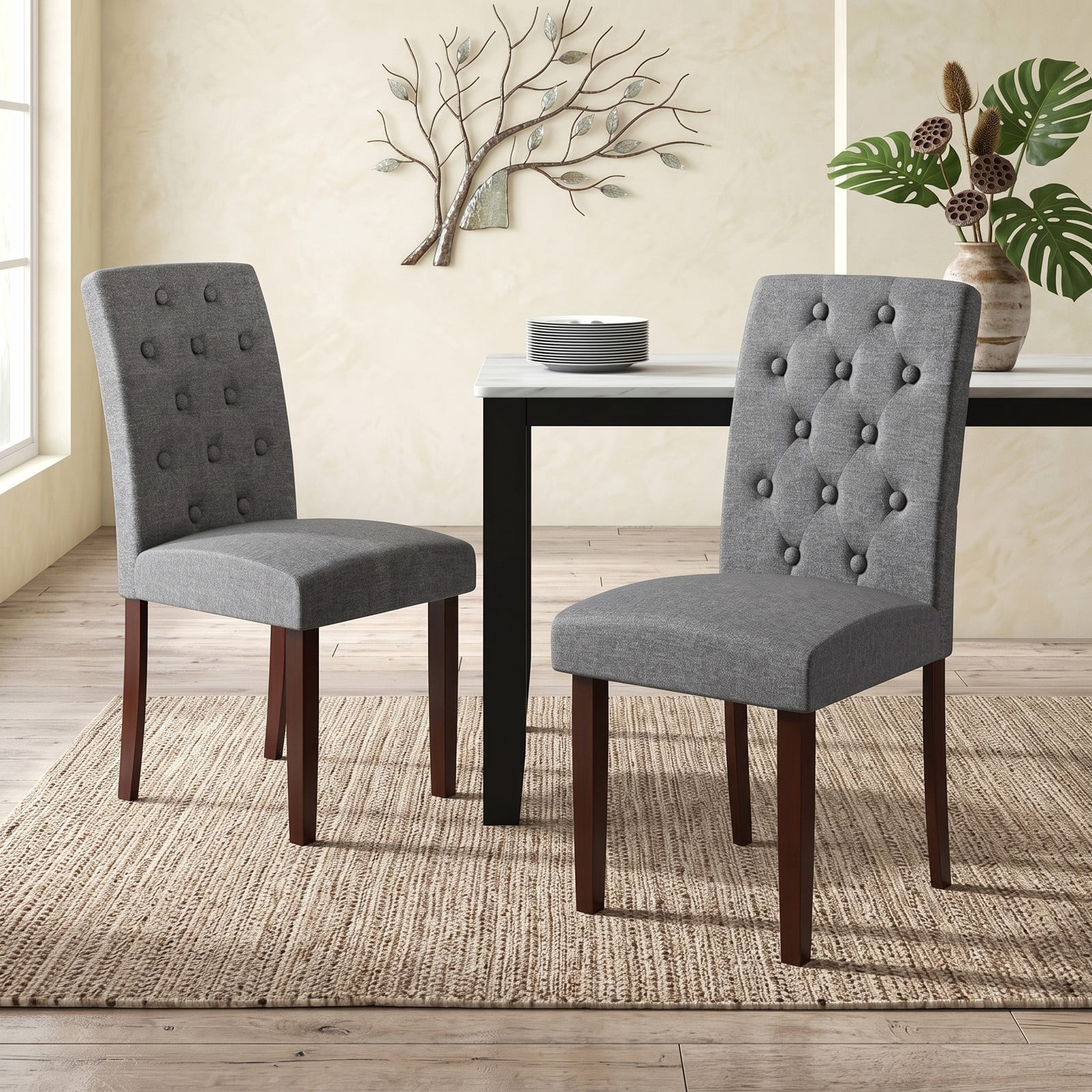 Furnibear Button Tufted Fabric Upholstered Dining Chair Set of 2, High Curved Back Accent Side Chairs with Rubber Wood Legs for Kitchen Living Room Reception, Gray